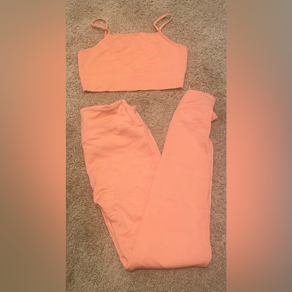 Fabletics Peach Ribbed Leggings & Crop Tank Set